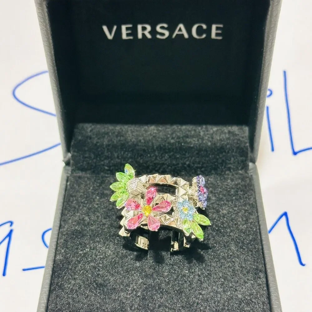 NIB Versace Multicolor Crystal Flower Bloom Ring Silver Tone IT 15 US 7 $675